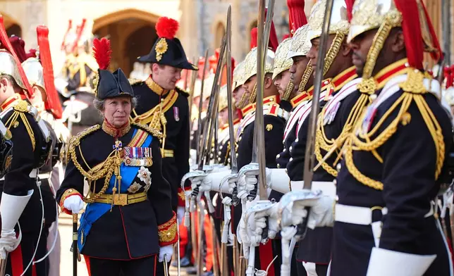 Britain's Princess Anne attends the presentation of the New Standards at Windsor Castle, Windsor, England, Monday May 12, 2025. (Aaron Chown/Pool via AP)