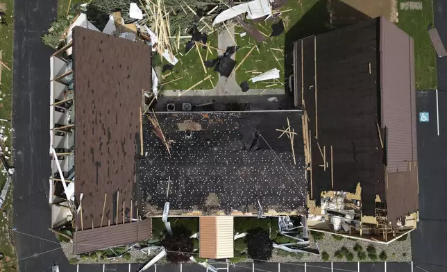 Redeemer Lutheran Church is damaged, Sunday, May 18, 2025, along Highway 27 in Somerset, Ky., after a severe storm passed through the area. (AP Photo/Carolyn Kaster)