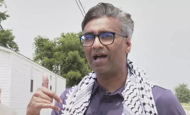 Badar Khan Suri, a Georgetown University scholar from India, speaks after he was released from immigration detention facility Wednesday, May 14, 2025, in Alvarado, Texas. (AP Photo/Kendria LaFleur)