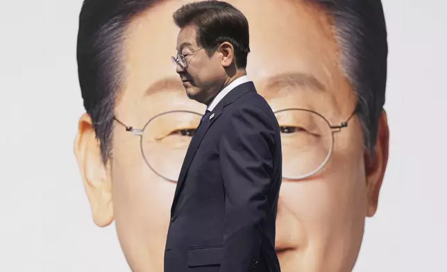 Lee Jae-myung, presidential candidate of the Democratic Party, arrives at a campaign event in Seoul, South Korea, Monday, May 12, 2025. (AP Photo/Lee Jin-man)
