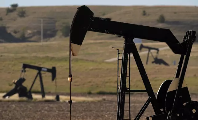 FILE - Pumpjacks operate in a pasture, Sept. 30, 2024, near Hays, Kan. (AP Photo/Charlie Riedel, File)