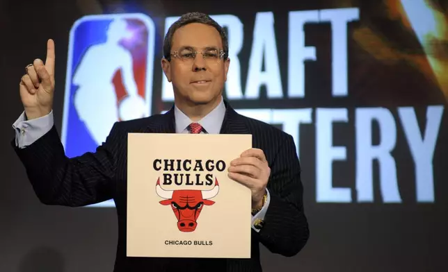 FILE - Chicago Bulls executive vice-president of business operations Steve Schanwald poses for photographers after winning the NBA draft lottery, giving the Bulls the number one pick in the upcoming draft, Tuesday, May 20, 2008, in Secaucus, N.J. (AP Photo/Bill Kostroun, File)