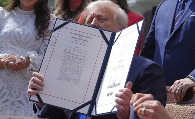 President Donald Trump holds up a bill for the "Take it Down Act" that he and first lady Melania Trump signed in the Rose Garden of the White House, Monday, May 19, 2025, in Washington. (AP Photo/Evan Vucci)