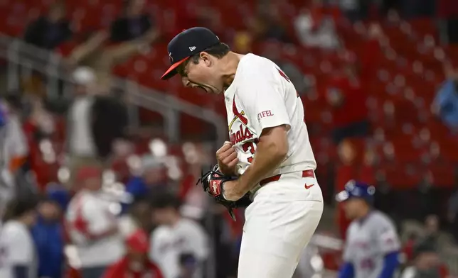 St. Louis Cardinals relief pitcher Michael McGreevy reacts after defeating the New York Mets in the second baseball game of a doubleheader, Sunday, May 4, 2025, in St. Louis. (AP Photo/Joe Puetz)