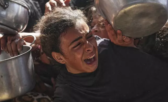 A Palestinian girl struggles to obtain donated food at a community kitchen in Khan Younis, in the southern Gaza Strip, Friday, May 9, 2025. (AP Photo/Abdel Kareem Hana)