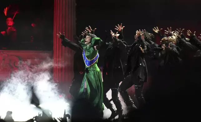 Lady Gaga performs during her free concert on Copacabana Beach in Rio de Janeiro, Saturday, May 3, 2025. (AP Photo/Silvia Izquierdo)