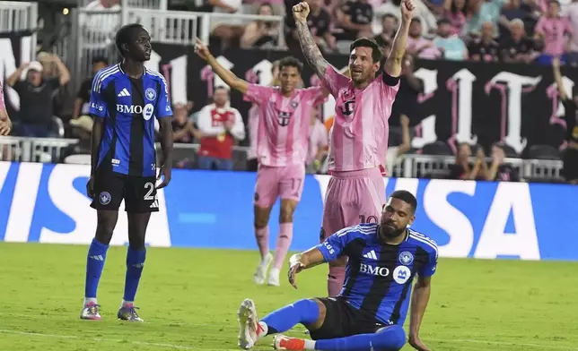 Inter Miami forward Lionel Messi (10) celebrates after scoring a goal during the first half of an MLS soccer match against CF Montreal, Wednesday, May 28, 2025, in Fort Lauderdale, Fla. (AP Photo/Lynne Sladky)