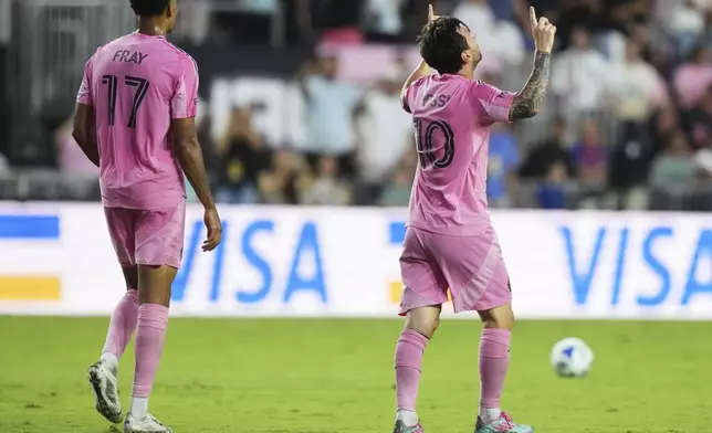 Inter Miami forward Lionel Messi (10) reacts after scoring a goal during the first half of an MLS soccer match against CF Montreal, Wednesday, May 28, 2025, in Fort Lauderdale, Fla. (AP Photo/Lynne Sladky)