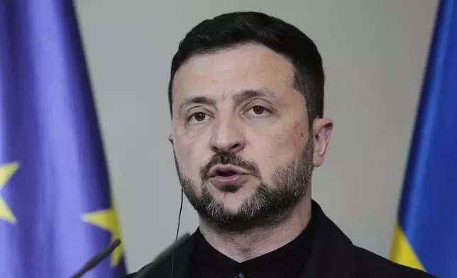 Ukraine's President Volodymyr Zelenskyy attends a news conference at the chancellery in Berlin, Germany, Wednesday, May 28, 2025.(AP Photo/Markus Schreiber)