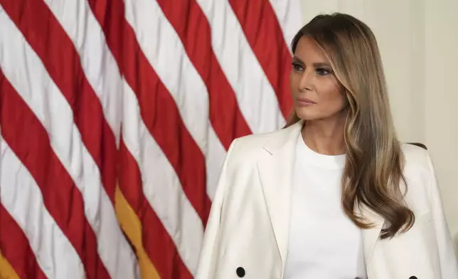 First lady Melania Trump attends an event unveiling a U.S. Postal Service Stamp honoring former first lady Barbara Bush, Thursday, May 8, 2025, in the East Room of the White House in Washington. (AP Photo/Jacquelyn Martin)