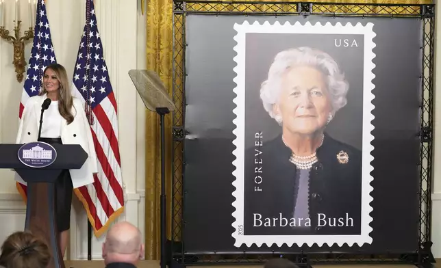 First lady Melania Trump speaks during the unveiling of a U.S. Postal Service Stamp honoring former first lady Barbara Bush, Thursday, May 8, 2025, in the East Room of the White House in Washington. (AP Photo/Jacquelyn Martin)