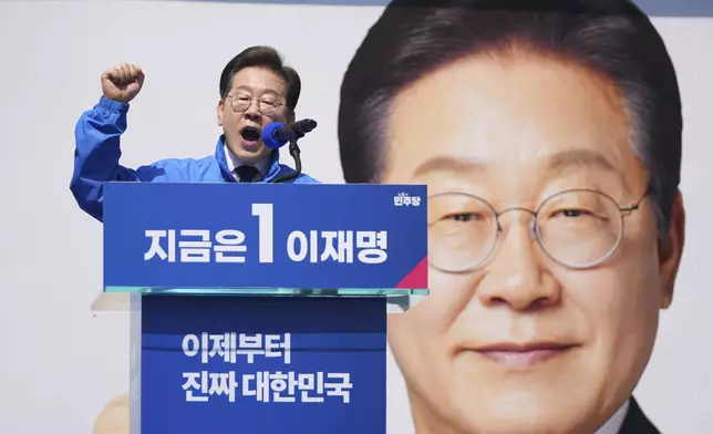 Lee Jae-myung, presidential candidate of the Democratic Party, speaks while campaigning in Seoul, South Korea, Monday, May 12, 2025. (AP Photo/Lee Jin-man)