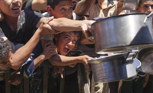 Palestinians struggle to receive cooked food distributed at a community kitchen in the Muwasi area of Khan Younis, in the Gaza Strip, Friday, May 23, 2025. (AP Photo/Abdel Kareem Hana)