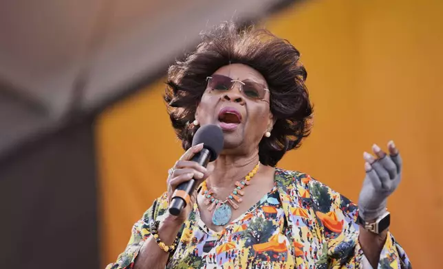 Irma Thomas performs with the band Galactic at the New Orleans Jazz &amp; Heritage Festival in New Orleans, Sunday, May 4, 2025. (AP Photo/Gerald Herbert)