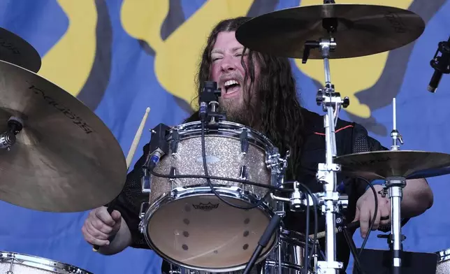 Drummer Patrick Hallahan performs with his band My Morning Jacket at the New Orleans Jazz &amp; Heritage Festival in New Orleans, Sunday, May 4, 2025. (AP Photo/Gerald Herbert)