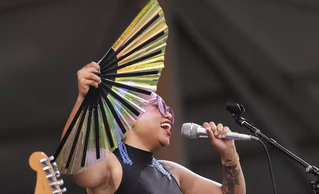 A.J. Haynes, lead singer for The Seratones, performs at the New Orleans Jazz &amp; Heritage Festival in New Orleans, Friday, April 25, 2025. (AP Photo/Gerald Herbert)