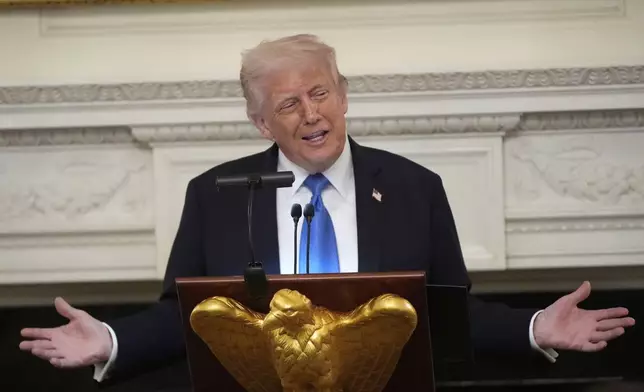 President Donald Trump speaks during a Kennedy Center board dinner in the State Dining Room at the White House, Monday, May 19, 2025, in Washington. (AP Photo/Manuel Balce Ceneta)