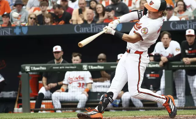 Baltimore Orioles' Jackson Holliday hits a home run during the second inning of a baseball game against the Kansas City Royals, Sunday, May 4, 2025, in Baltimore. (AP Photo/Daniel Kucin Jr.)