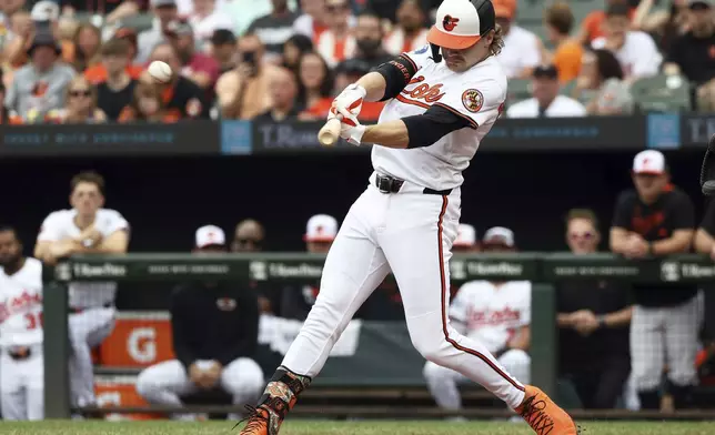 Baltimore Orioles' Gunnar Henderson hits a double during the first inning of a baseball game against the Kansas City Royals, Sunday, May 4, 2025, in Baltimore. (AP Photo/Daniel Kucin Jr.)