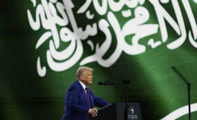 President Donald Trump speaks at the Saudi-U.S. Investment Forum at the King Abdulaziz International Conference Center in Riyadh, Saudi Arabia, Tuesday, May 13, 2025. (AP Photo/Alex Brandon)