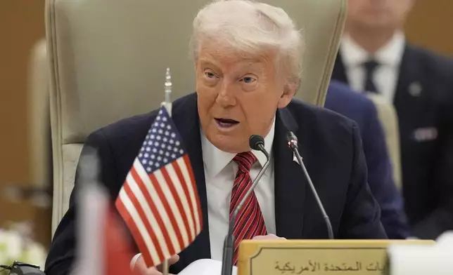 President Donald Trump speaks during the Gulf Cooperation Council (GCC) Summit in Riyadh, Saudi Arabia, Wednesday, May 14, 2025. (AP Photo/Alex Brandon)