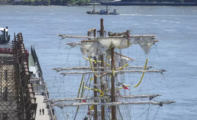 The Cuauhtemoc, a masted Mexican Navy training ship, is docked in Manhattan after it collided with the Brooklyn Bridge in New York, Monday, May 19, 2025. (AP Photo/Seth Wenig)