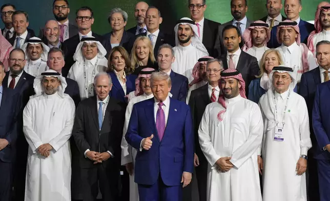 President Donald Trump and Saudi Crown Prince Mohammed bin Salman pose for a photo at the King Abdulaziz International Conference Center in Riyadh, Saudi Arabia, Tuesday, May 13, 2025. (AP Photo/Alex Brandon)