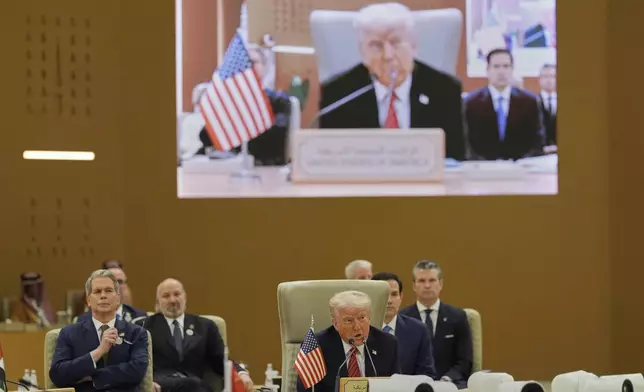 President Donald Trump speaks during the Gulf Cooperation Council (GCC) Summit in Riyadh, Saudi Arabia, Wednesday, May 14, 2025. (AP Photo/Alex Brandon)