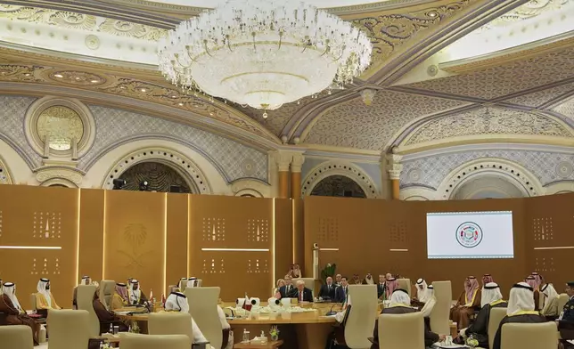 President Donald Trump speaks during the Gulf Cooperation Council (GCC) Summit in Riyadh, Saudi Arabia, Wednesday, May 14, 2025. (AP Photo/Alex Brandon)