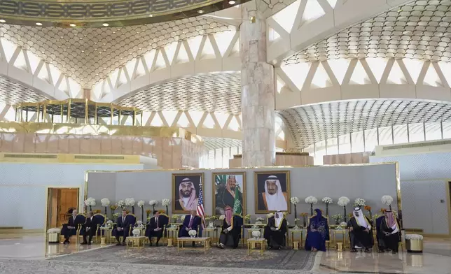 President Donald Trump and Saudi Crown Prince Mohammed bin Salman speak during a coffee ceremony at the Royal Terminal of King Khalid International Airport in Riyadh, Saudi Arabia, Tuesday, May 13, 2025.(AP Photo/Alex Brandon)