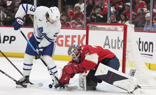 Florida Panthers goaltender Sergei Bobrovsky, right, defends the goal against Toronto Maple Leafs left wing Matthew Knies (23) during the second period in Game 6 of a second-round NHL hockey playoff series, Friday, May 16, 2025, in Sunrise, Fla. (AP Photo/Lynne Sladky)
