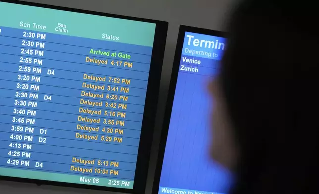 A display shows the status of flights at Newark Liberty International Airport in Newark, N.J., Monday, May 5, 2025. (AP Photo/Seth Wenig)