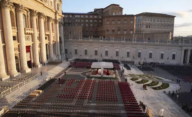 A view of the seats and altar ahead of Pope Leo XIV's formal inauguration of his pontificate with a Mass in St. Peter's Square attended by heads of state, royalty and ordinary faithful, Sunday, May 18, 2025. (AP Photo/Stefano Costantino)