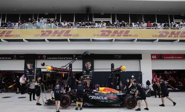 Red Bull driver Max Verstappen of the Netherlands gets a pit stop during the qualifying session for the Formula One Miami Grand Prix auto race at the International Autodrome, Saturday, May 3, 2025, in Miami Gardens, Fla. (Shawn Thew/Pool Photo via AP)