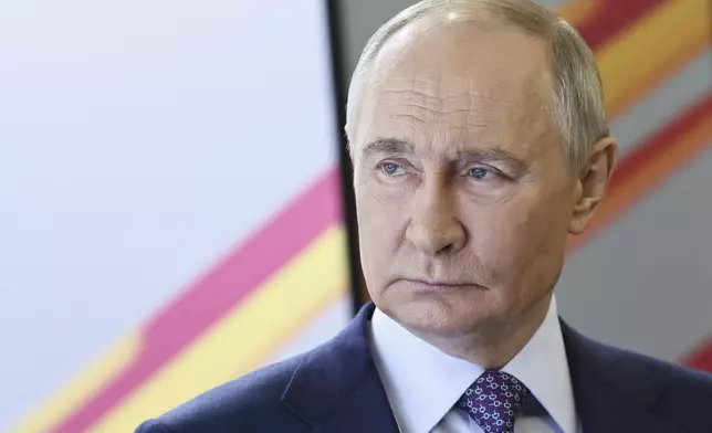 Russian President Vladimir Putin visits the Victory Museum on Poklonnaya Gora in Moscow, Russia, Wednesday, April 30, 2025. (Alexander Kazakov, Sputnik, Kremlin Pool Photo via AP)