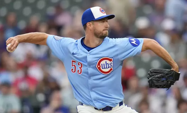Chicago Cubs starting pitcher Colin Rea (53) throws against the Cincinnati Reds during the first inning of a baseball game Friday, May 30, 2025, in Chicago. (AP Photo/Erin Hooley)