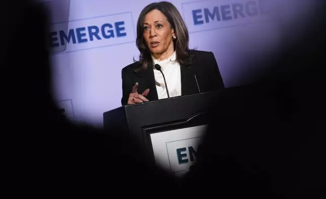 Former Vice President Kamala Harris delivers the keynote speech at the Emerge 20th Anniversary Gala in San Francisco, Wednesday, April 30, 2025. (AP Photo/Godofredo A. Vásquez)