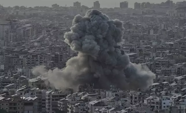 Smoke rises following an Israeli airstrike on Dahiyeh in the southern suburb of Beirut, Lebanon, Sunday, April 27, 2025. (AP Photo/Bilal Hussein)