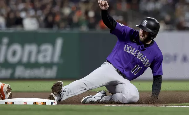 Colorado Rockies' Owen Miller slides into third on a single hit by Jordan Beck during the sixth inning of a baseball game against the San Francisco Giants in San Francisco, Friday, May 2, 2025. (AP Photo/Jed Jacobsohn)