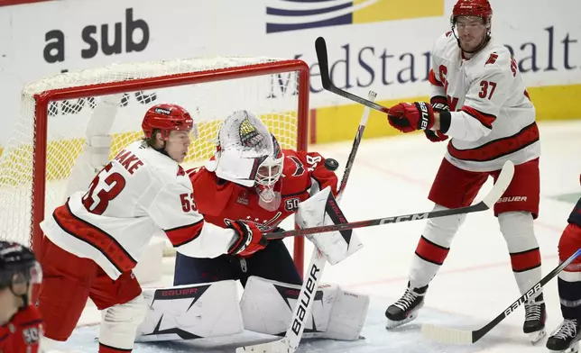 Washington Capitals goaltender Logan Thompson (48) looks for the puck against Carolina Hurricanes right wing Andrei Svechnikov (37) and right wing Jackson Blake (53) in the third period of Game 1 of a second-round NHL hockey playoff series Tuesday, May 6, 2025, in Washington. (AP Photo/Nick Wass)