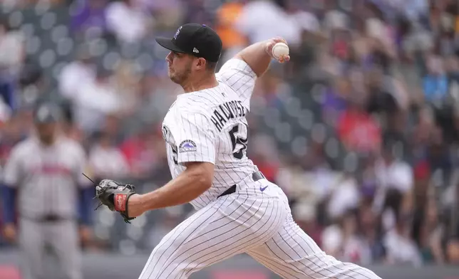 Colorado Rockies relief pitcher Seth Halvorsen works against the Atlanta Braves in the eighth inning of a baseball game Wednesday, April 30, 2025, in Denver. (AP Photo/David Zalubowski)
