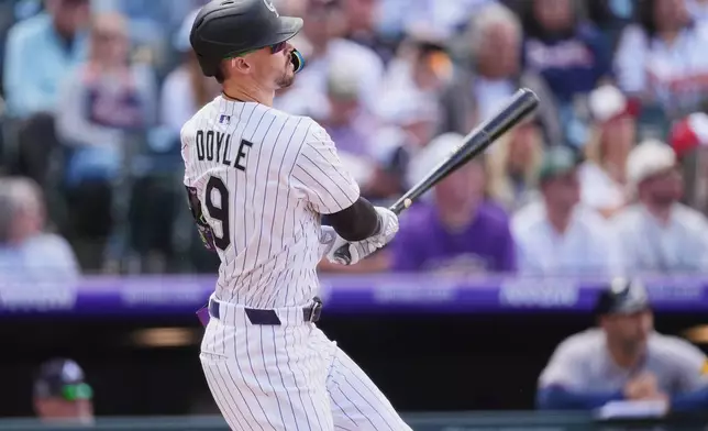 Colorado Rockies' Brenton Doyle follows the flight of his solo home run off Atlanta Braves starting pitcher Chris Sale in the third inning of a baseball game Wednesday, April 30, 2025, in Denver. (AP Photo/David Zalubowski)
