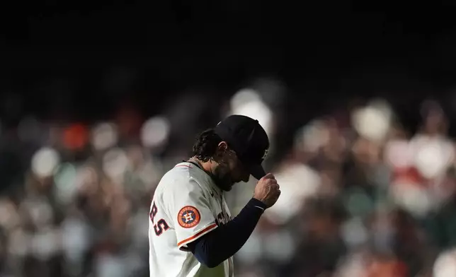 Houston Astros -Start Krug Lance McCullers Jr. leaves the hill at the first inning of a baseball game against the Cincinnati Reds in Houston, Saturday, May 10, 2025. (AP Photo/Ashley Landis)