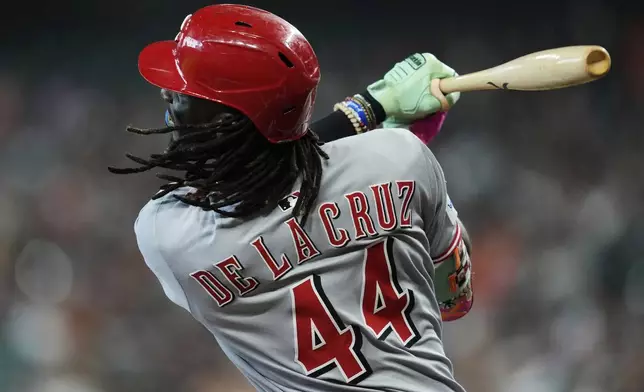 Cincinnati Reds' Elly de la Cruz will meet on Saturday, May 10th, 2025, during the first inning of a baseball game against the Houston Astros in Houston. (AP Photo/Ashley Landis)