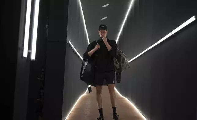 Italy's Jannik Sinner waits prior to the second round match against Argentina's Mariano Navone, at the Italian Open tennis tournament in Rome, Saturday, May 10, 2025. (AP Photo/Andrew Medichini)
