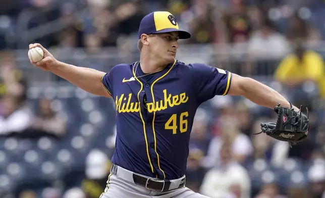 Milwaukee Brewers pitcher Quinn Priester delivers during the first inning of a baseball game against the Pittsburgh Pirates Saturday, May 24, 2025, in Pittsburgh. (AP Photo/Matt Freed)