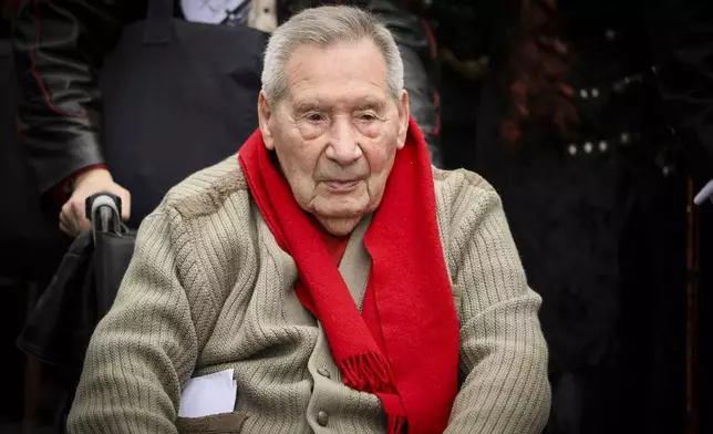 Holocaust survivor Jacques Altmann attends a commemorative ceremony to mark the 80th anniversary of the return of the deportees, in Paris, France, Sunday, April 27, 2025. (AP Photo/Thomas Padilla)