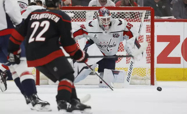 Carolina Hurricanes' Logan Stankoven (22) has his shot blocked by Washington Capitals goaltender Logan Thompson (48) during the first period of Game 4 of a second-round NHL hockey playoff series in Raleigh, N.C., Monday, May 12, 2025. (AP Photo/Karl DeBlaker)