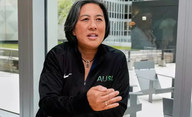 Athletes Unlimited Softball League Commissioner Kim Ng, a former Major League Baseball executive, is interviewed at Major League Baseball's headquarters in New York, Thursday, May 29, 2025. (AP Photo/Richard Drew)