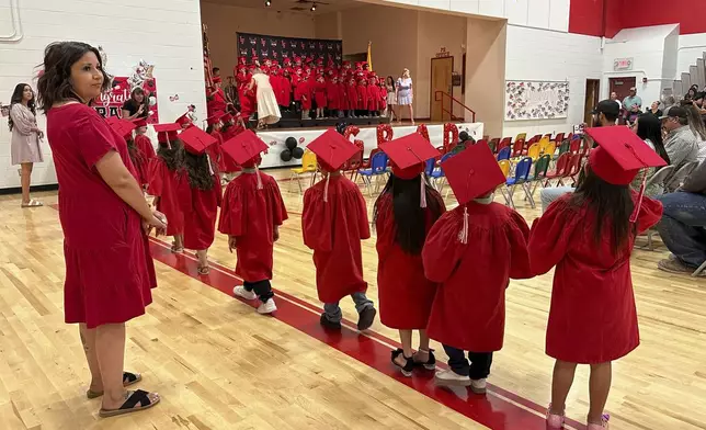 Kindergartners at Loving Elementary School line up for a procession during their graduation ceremony in Loving, N.M., on Tuesday, May 20, 2025. (AP Photo/Susan Montoya Bryan)